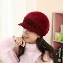 Женская зимняя шапка в Корейском стиле, шапка из кроличьего меха, чистый цвет, берет с утиным язычком, теплая вязаная шерстяная шапка, модная осенняя и зимняя