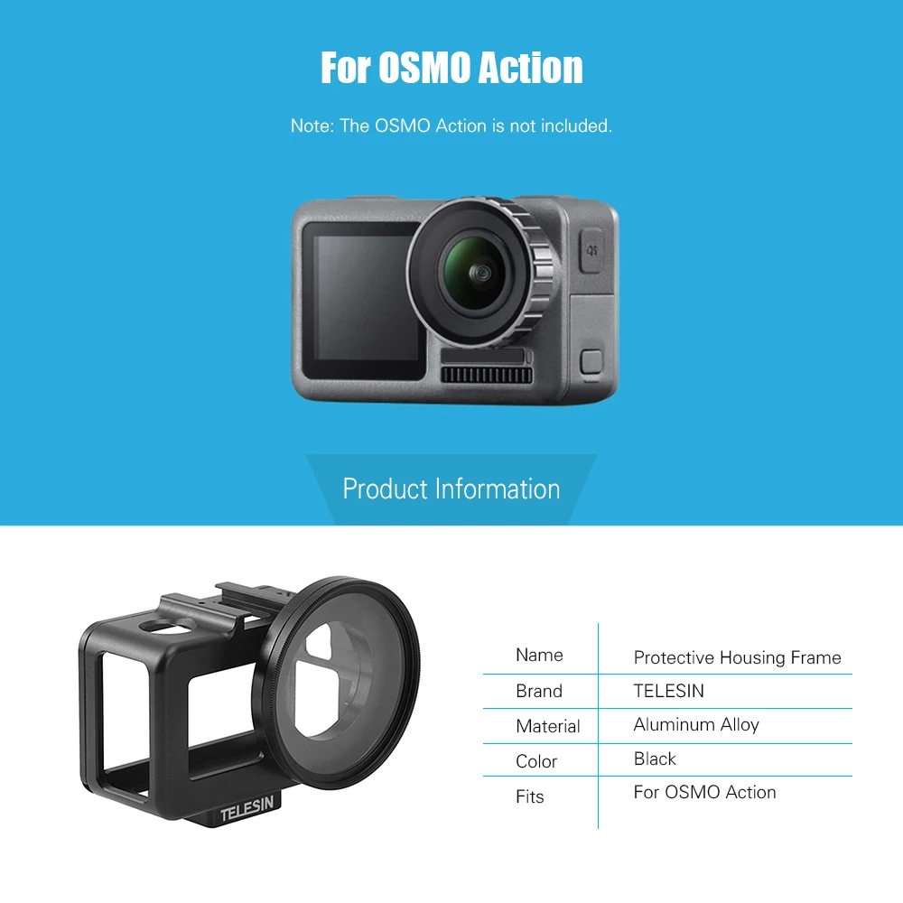

Aluminum Alloy TELESIN Protective Housing Frame Case Shell Cage with Hot Shoe 52mm UV Filter Lens Cap for DJI OSMO Action Camera