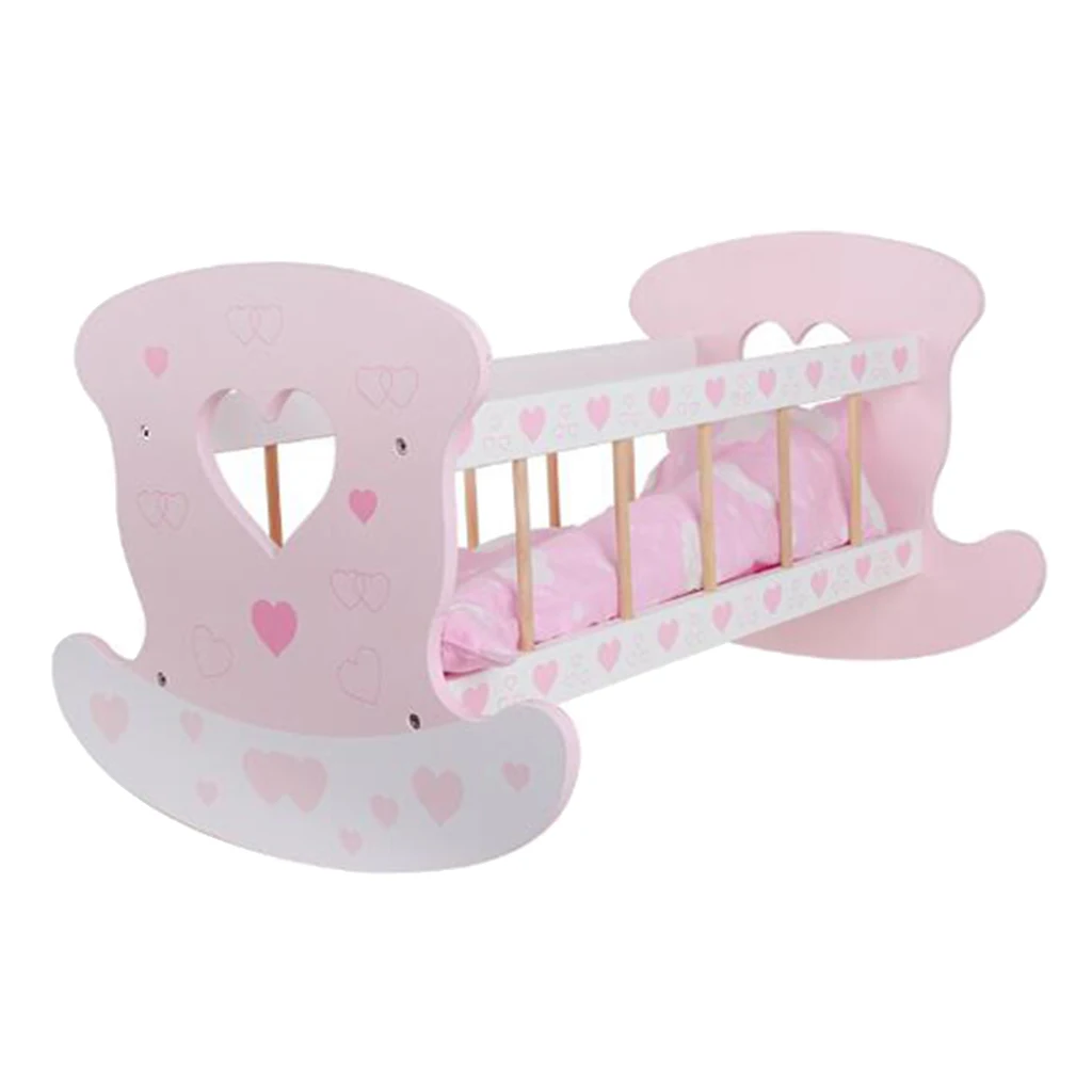 Wooden Girl Toy Rocking Cradle For Baby Dolls With Pillow Blanket for Kids Role Play Game Early Educational Toy