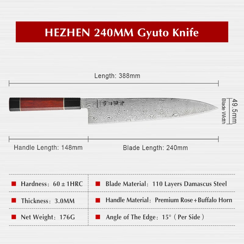 HEZHEN 240 мм Gyuto нож 110 слоев Дамасская сталь 15 градусов по бокам Острый кухонный шеф