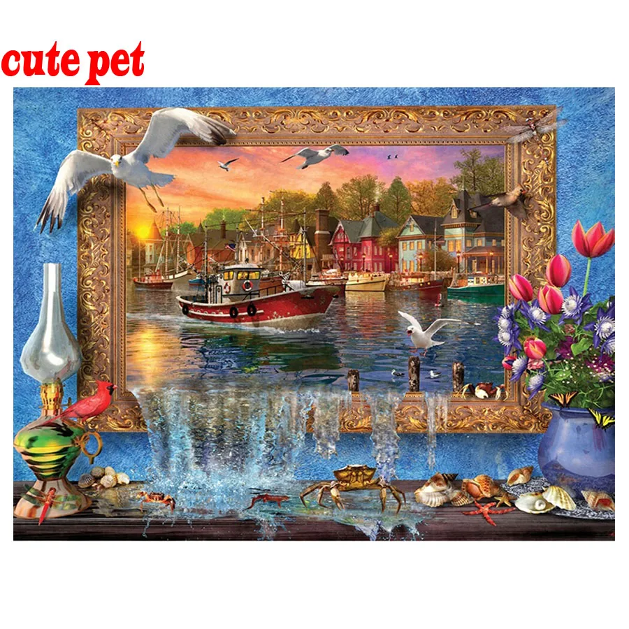 Full round diamond embroidery window birds lake boat view painting 5D square by hand 3d picture rhinestone gift | Дом и сад
