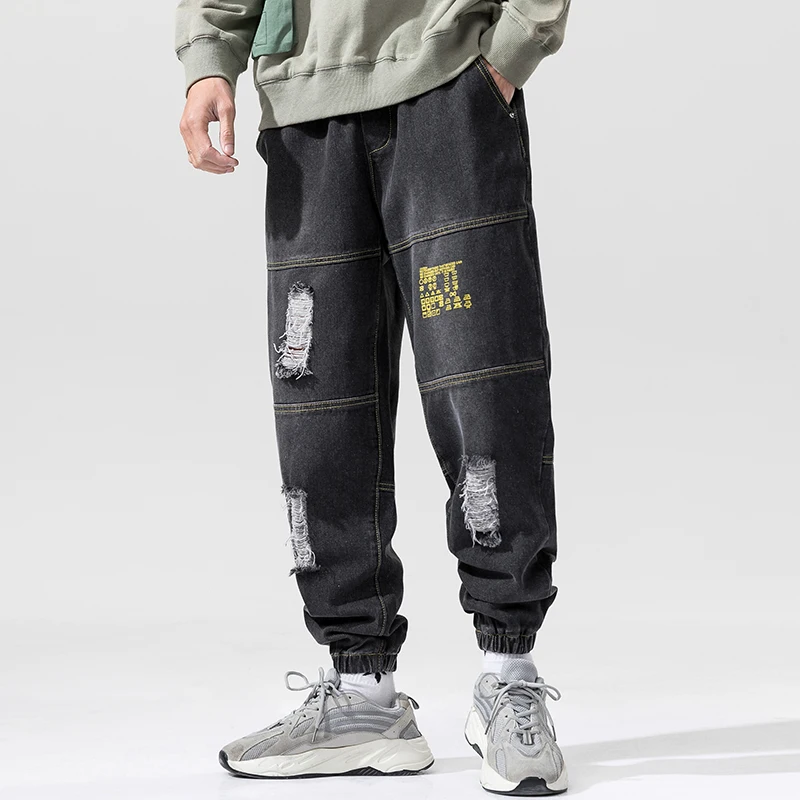 

2020Spring New Large Size Men's Letter Printing Hole Stitching Stitching Cropped Black Jeans Balmai Jeans Men Distressed Jeans