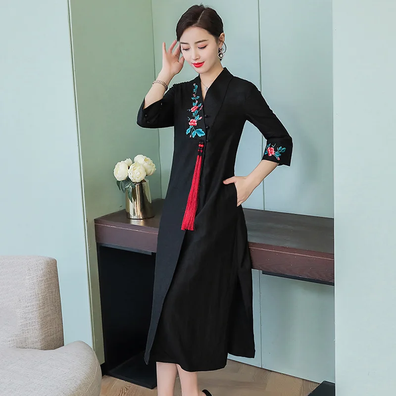 Традиционное китайское женское платье cheongsam, Восточное длинное платье с цветочной вышивкой и v-образным вырезом, улучшенное qipao vestidos aodai