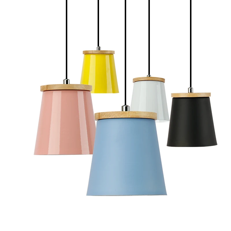 

Pendant Lights Wood Metal Colorful Macarons E27 Led Pendant Lamp Nordic Modern Simple Design Hanging Lights For Dinning Room