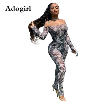 

Adogirl Dollar Print Sheer Mesh Women Off Shoulder Bodycon Jumpsuit Women Sexy Flare Sleeve Skinny Romper Night Club Overalls