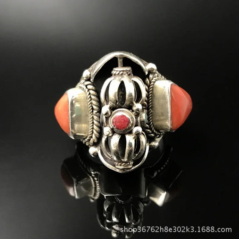 

Nepal Handmade Prayer Wheel Vajra Ring Rotatable 925 Silver Gemstone Adjustable Rings