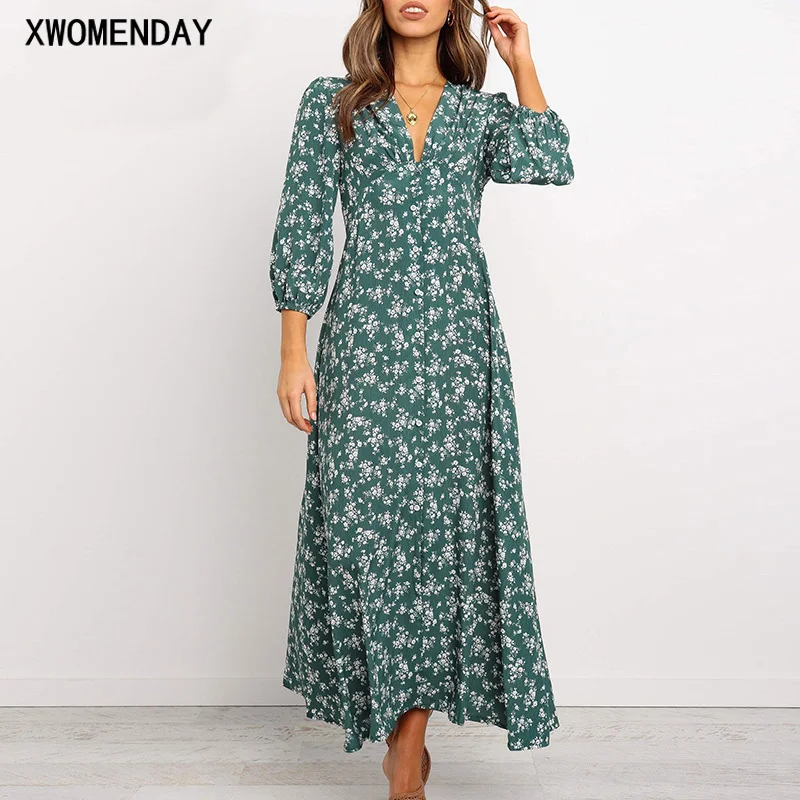 

Women Long Chiffon Dress V-neck Elegant Green Vintage Floral Womens Long Sleeve Clothing Slim Dresses Ladies Jumper Dress