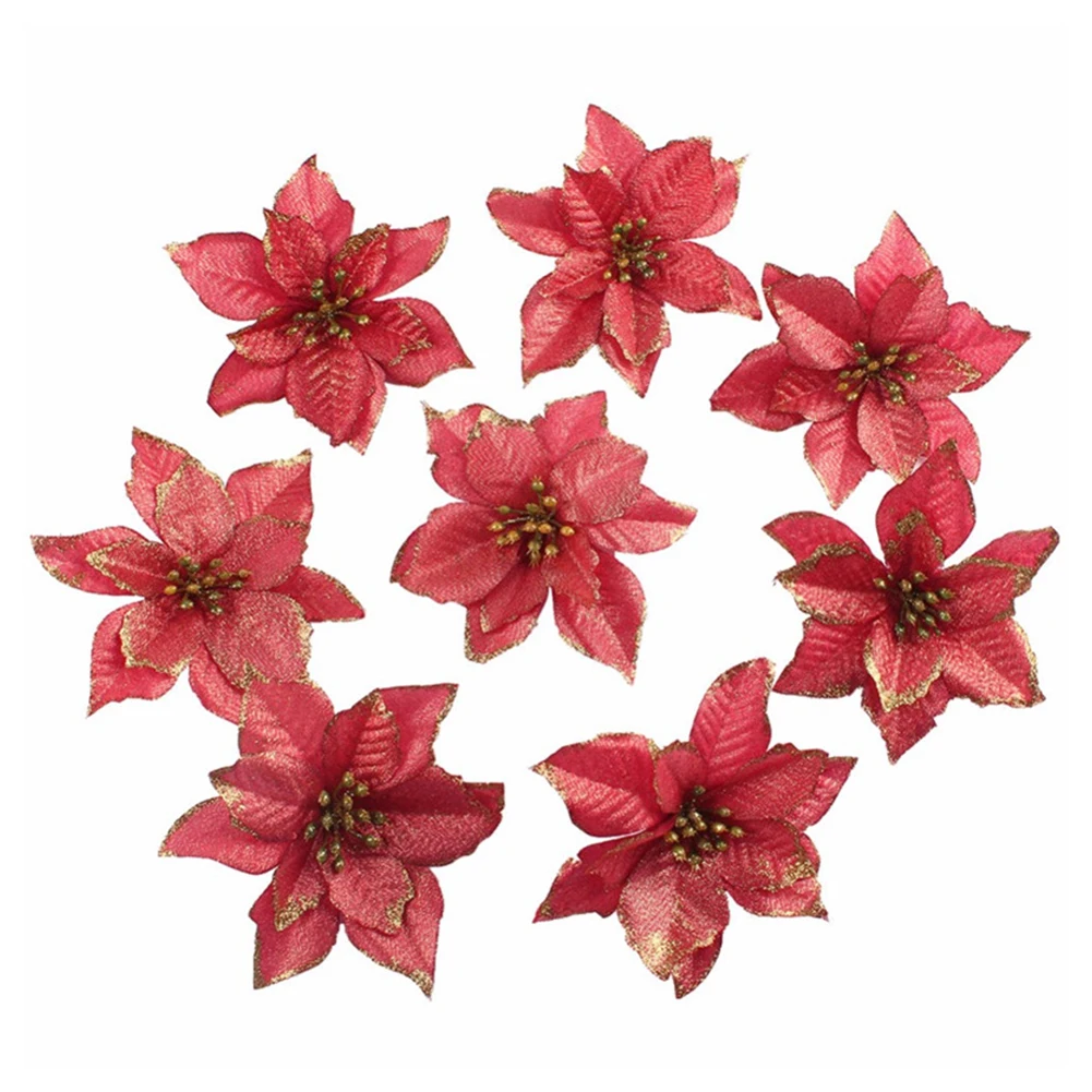 

10pcs Gift Wedding Table Wreath Home Festival Glitter Poinsettia Christmas Tree Ornament Party Decor Hotel Artificial Flowers