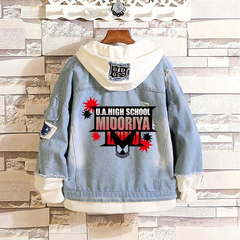 My Boku no Hero Academia Midoriya Izuku Todoroki Shoto Cosplay Costume Denim Jacket Hooded Holes Jeans Unisex Long Sleeves Coat |