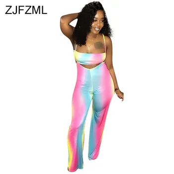 

Rainbow Gradient Two Piece Set Tracksuit for Women Strapless Cropped Top and Spaghetti Strap Backless Overalls Sexy Club Outfits