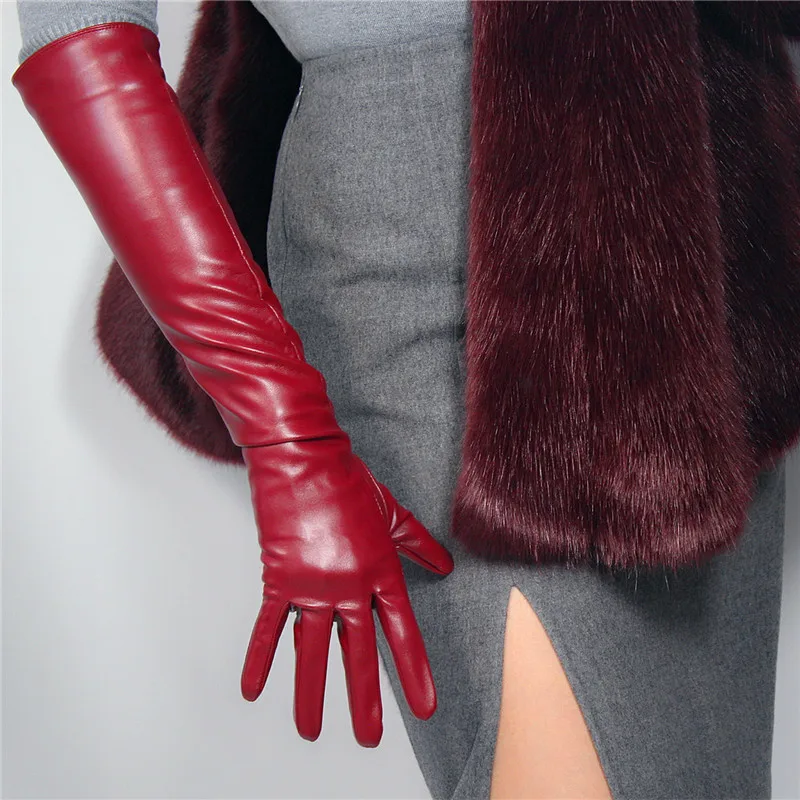 Очень длинные кожаные перчатки длиной 70 см, имитирующая кожу, имитация овчины, искусственная кожа, темно-красное вино, темно-красное женское WPU128