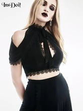 

InsDoit Goth Hollow Out Black T Shirts Women Vintage Lace Off Shoulder Aesthetic Corset Crop Top Summer E Girl Fashion Sexy Tees