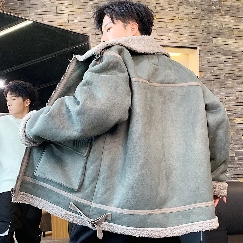 

2019 Autumn And Winter Men Suede Jacket-Style Loose And Plus-sized Multi-pockets Thick Warm Jacket Men's