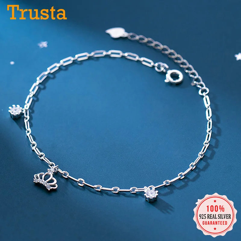 Trustdavis Genuine 925 Sterling Silver Minimalist Charm Crown Shiny CZ Bracelet Anklets For Women Wedding Party Jewelry DA1555 Trustdavis Genuine 925 Sterling Silver Minimalist Charm Crown Shiny CZ Bracelet Anklets For Women Wedding Party Jewelry DA1555