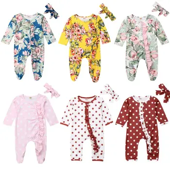 

2Pcs Cute Newborn Baby Girls Cotton Flower Dot Clothes Rompers Jumpsuits Long Sleeve Ruffle Autumn Little Baby Outfits Set