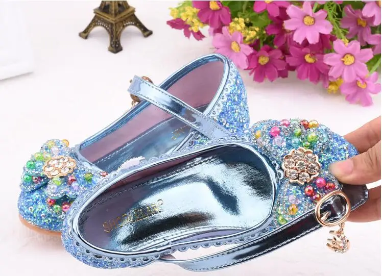 Children Princess Leather Shoes student dance shoes Girls High Heel Sandals Dress Kids Leather Glitter Crystal Shoes Banquet