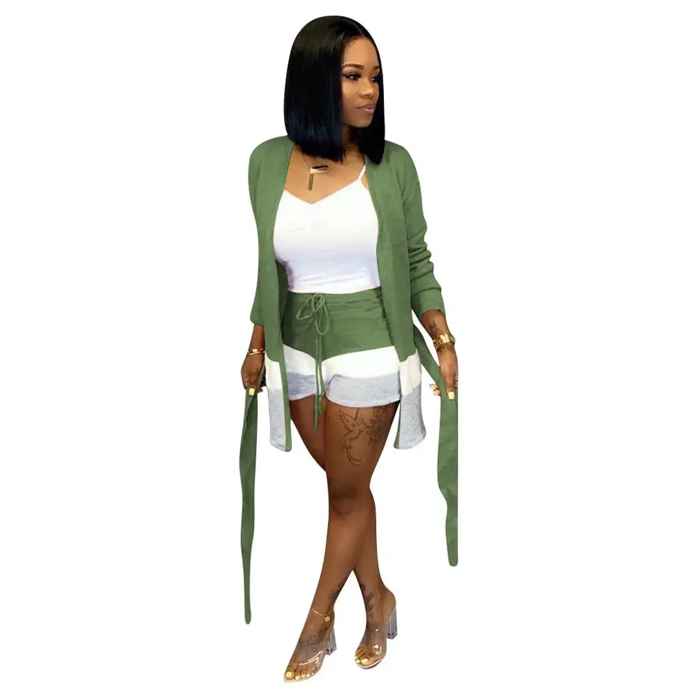 green 2 piece set Adogirl полосатый цветной лоскутный кашемировый комплект из двух предметов женский модный повседневный костюм кардиган с длинными рукавами и поясом+ шорты - Цвет: green 2 piece set