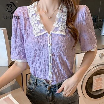 

Lace Patchwork Casual Shirts For Women 2020 Summer Turn-down Collar Short Sleeve Single-breasted Blouses Tops T05711K