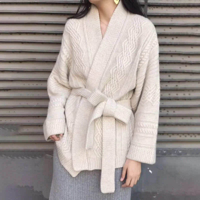 ^*Best Offers LANMREM 2020 Spring New Fashion Solid Color Cashmere Knit Cardigan Loose Thick Sweater Female Korean Belt PB581