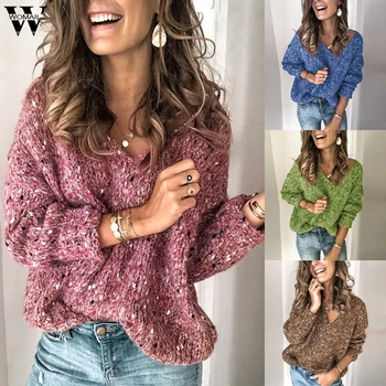 

Womail Women Sweater Autum Long Sleeve Knit Sweater fashion female Warm Jumpers Pullover Sweater V-Neck Pink Black Blue tops