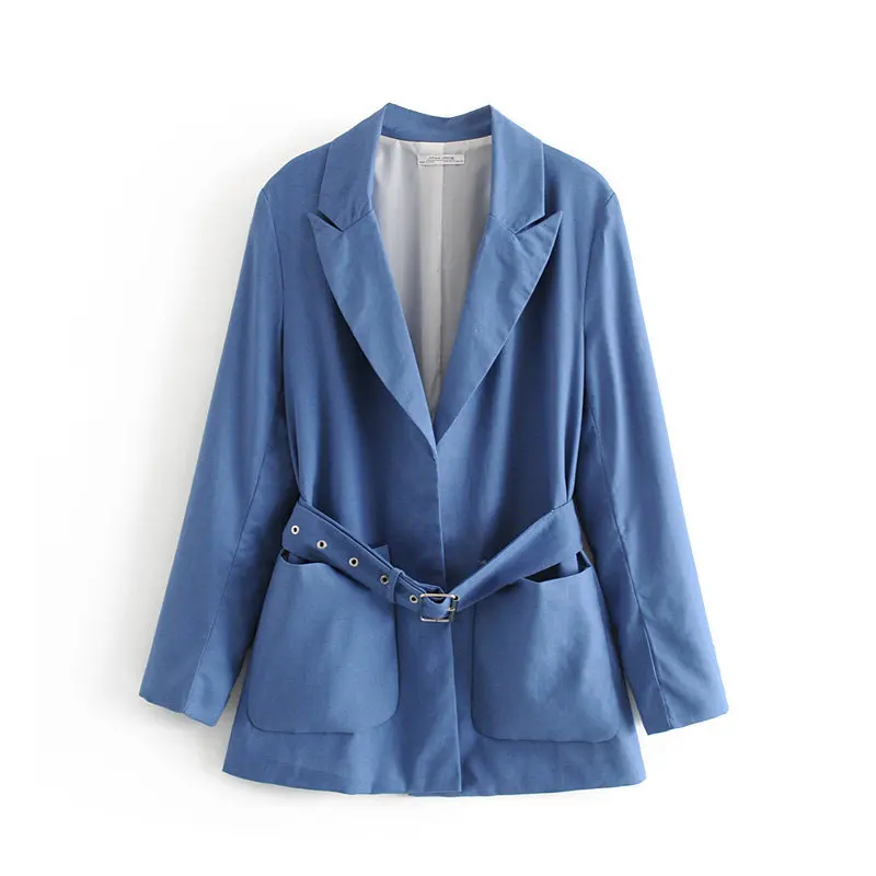 Bella Philosophy/ Женский Осенний блейзер с поясом, костюм офисный женский синий хлопковый пиджак с карманом и льняными штанами, женский модный блейзер для работы