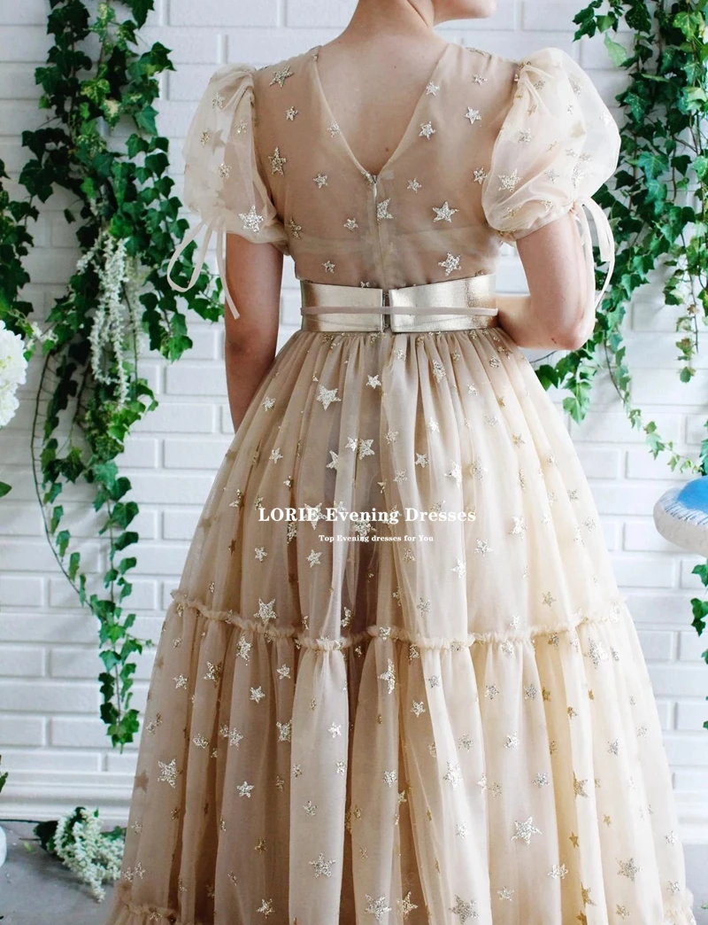 LORIE Champagner Süße Elegante Ballkleider V-ausschnitt Bogen Bund Stern Pailletten Tüll A-Linie Frauen Homecoming Party Kleid Angepasst – Detail 3