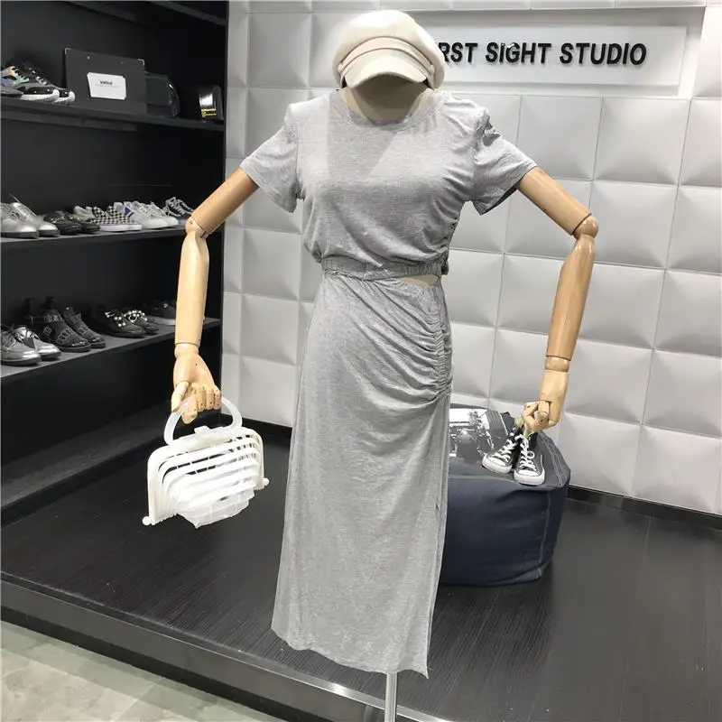 

2019 new summer dress waist pleated slits thin round neck short-sleeved high waist midi dress