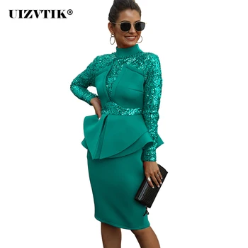 

Spring Dress Women 2020 Elegant Sexy Split Luxury Sequins Banquet Party vestidos Casual Slim Turtleneck Ruffles Bodycon Dress