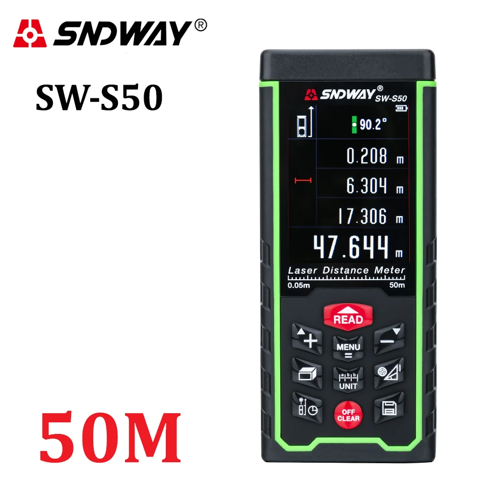 SNDWAY Laser Distance Meter 50m 164ft Laser Rangefinder Trena Build Instrument Measuring Tool LCD Display Rechargeable Battery