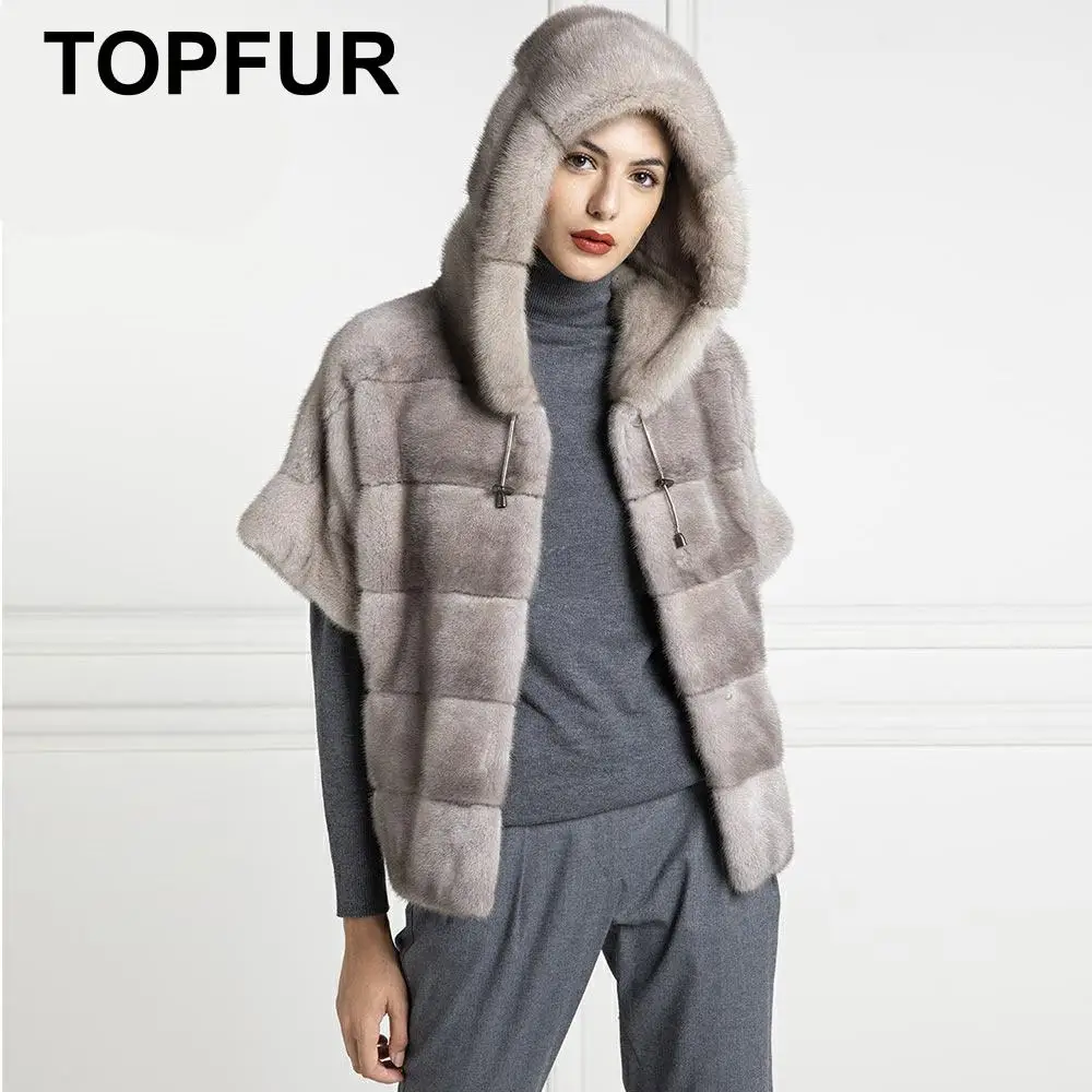 

TOPFUR 2021 Winter Short Coats Real Fur Coat Women Natural Mink Fur Cost With Fur Hood Short Sleeves Women Real Fur Customized