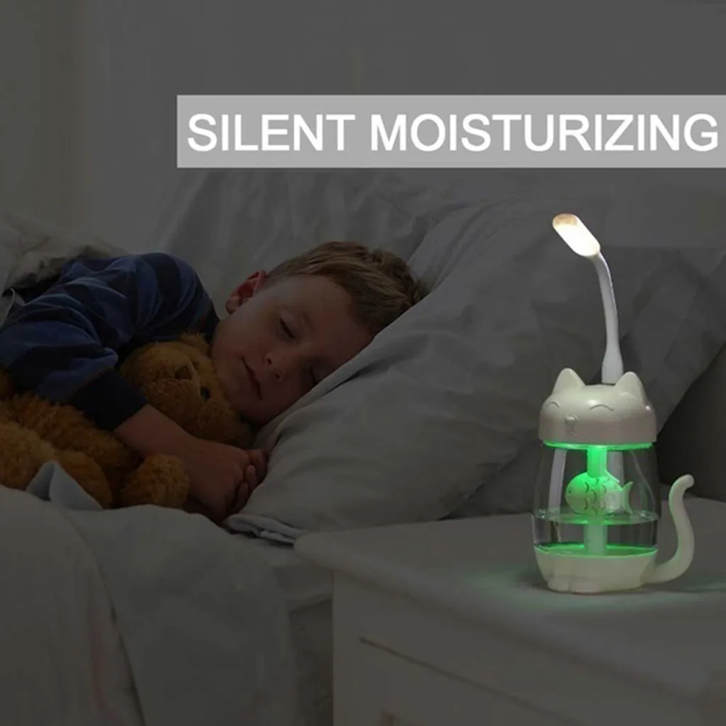 3 In 1 Portable Cute Cat Air Humidifier  Maker, LED Lamp Ninght Lamp, USB Fan for Desk Travel Office Car Bedroom
