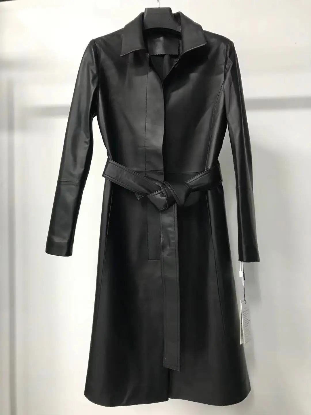 Women's Genuine Leather Coat Lace Up Sheepskin Jacket Long Trench Large Size Tops Spring And Autumn