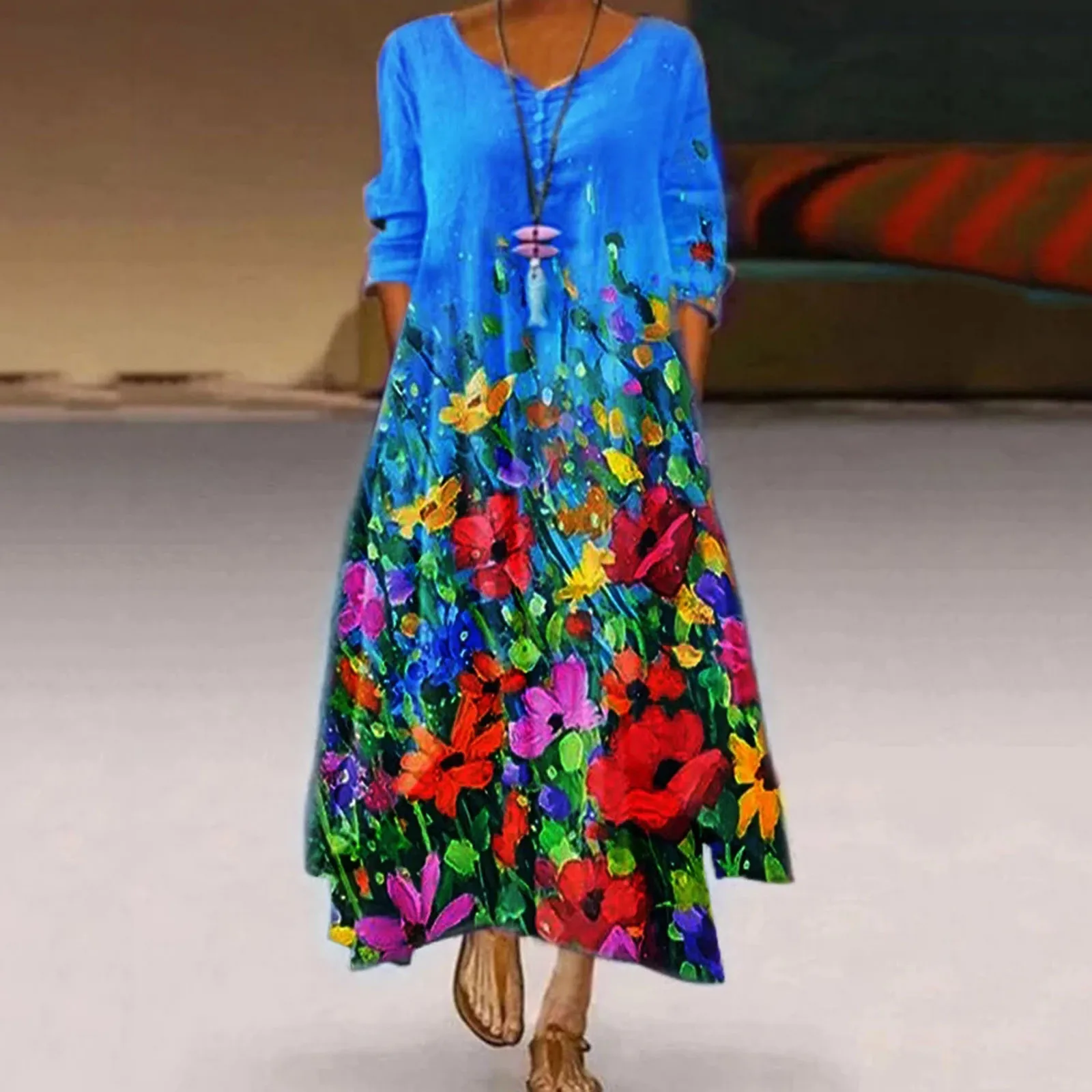 Retro de las mujeres de talla grande vestido de verano estampado Floral diario Casual de manga larga vestido Vintage bohemio cuello vestidos de fiesta vestido