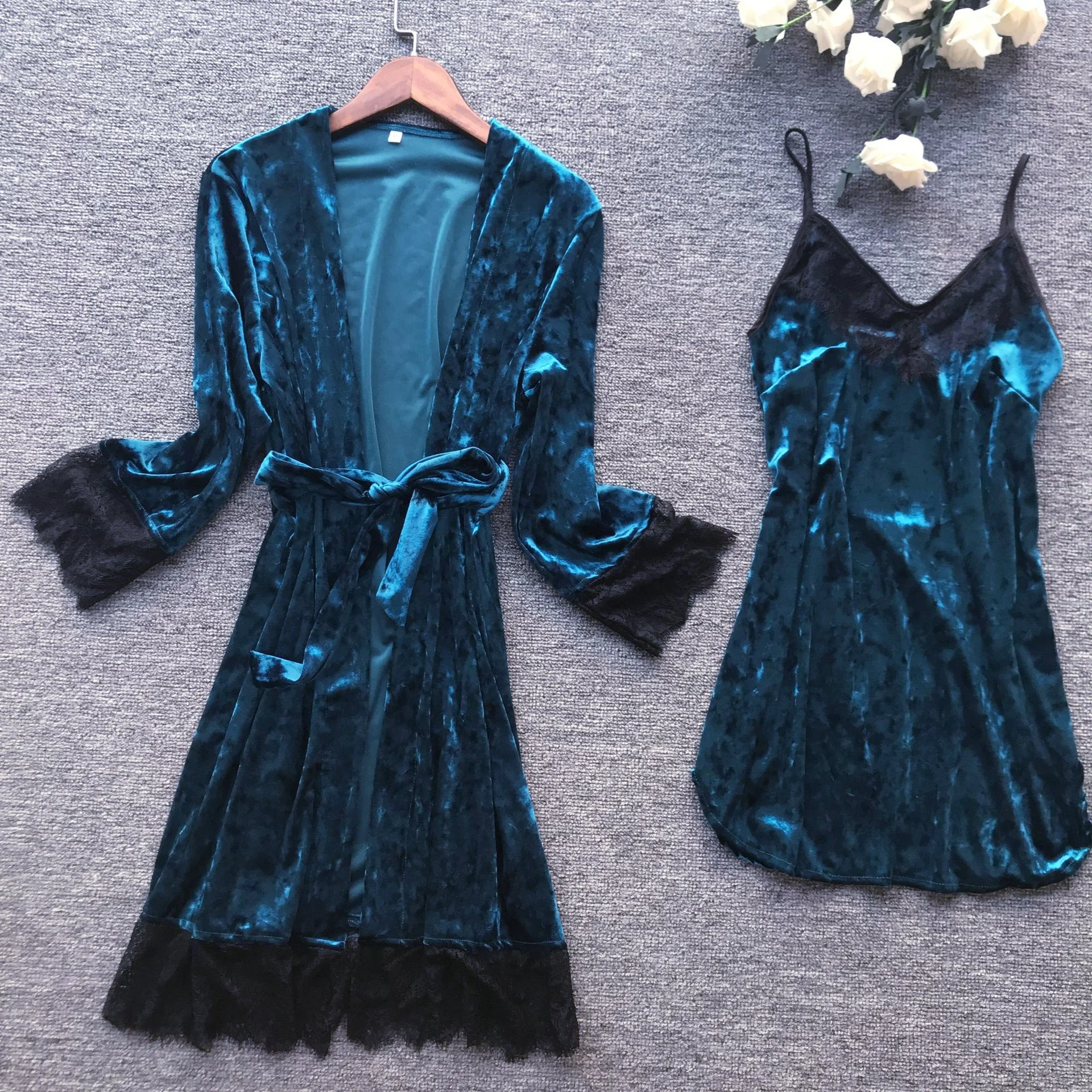 Сексуальный женский велюровый ночной халат, топ на бретелях, пижама, M-XL-зима, 2 шт., комплекты ночного белья, Повседневная Домашняя одежда, ночное кимоно, банное платье