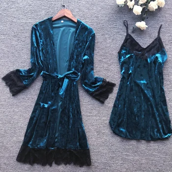 

Sexy Women Velour Night Robe Strap Top Pajamas M-XL Winter 2PC Sleepwear Sets Casual Home Wear Nightwear Sleep Kimono Bath Gown