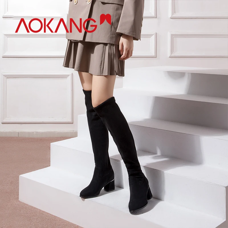 AOKANG/теплые женские сапоги; Сезон Зима; коллекция года; модные ботфорты на толстом каблуке; женские высокие сапоги до бедра на высоком каблуке; botas