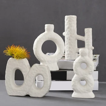 

6 Style Ceramic White Vase Figurines Dried Flowers Gypsophila Creative Flower Vase Ornaments For Home Decoracion Hogar