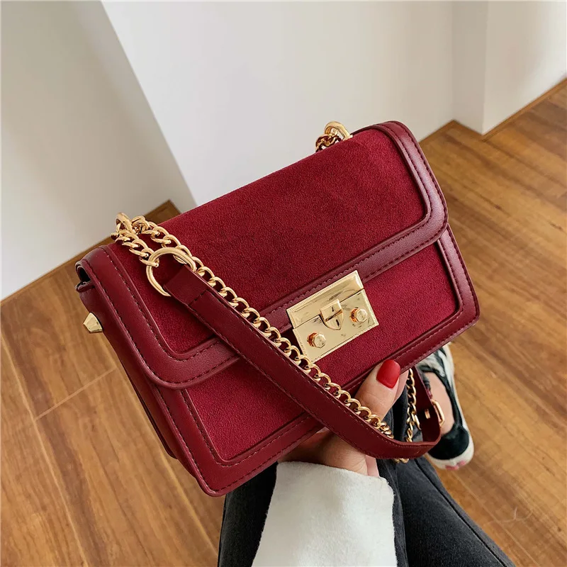 

Women Handbag Retro 2019 New Autumn and Winter Fashion Matte Chain Crossbody Bag Suede Luxury Designer Small Square Shoulder Bag