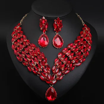 

NEW LADIES JEWELRY SET EUROPEAN AMERICAN EXAGGERATED ALLOY RUBY SHORT CLAVICLE NECKLACE EARRINGS BRIDAL PARTY DRESS ACCESSORIES