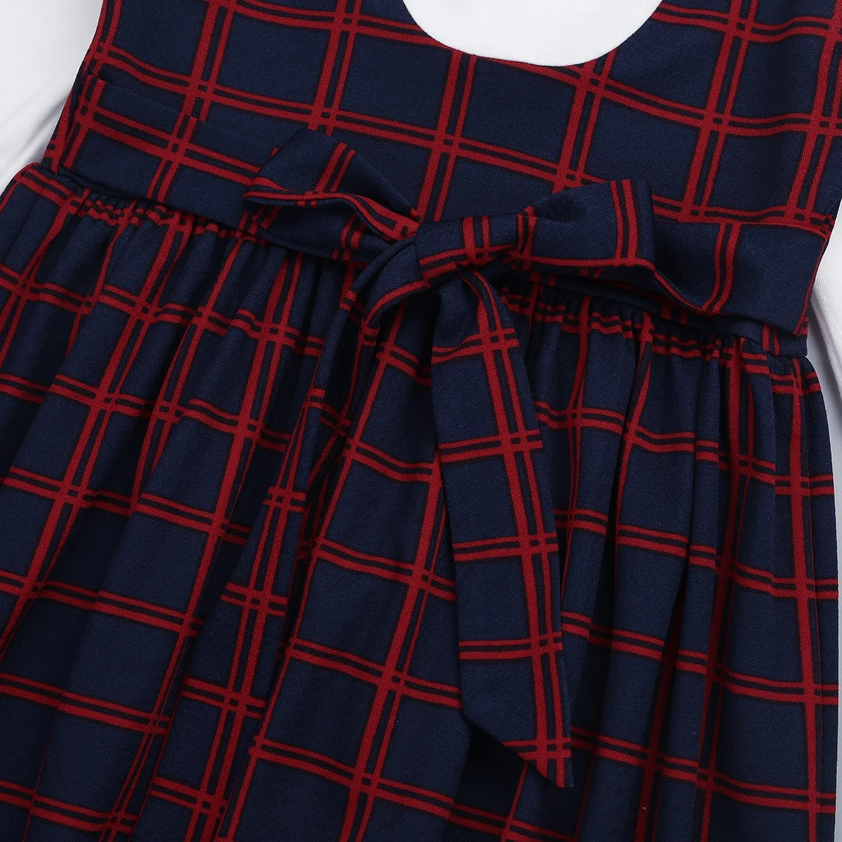 Kids Children Students Girls Uniform Long Sleeves Lapel Plaid A-line False Two-piece Dress for Birthday Party School Uniforms