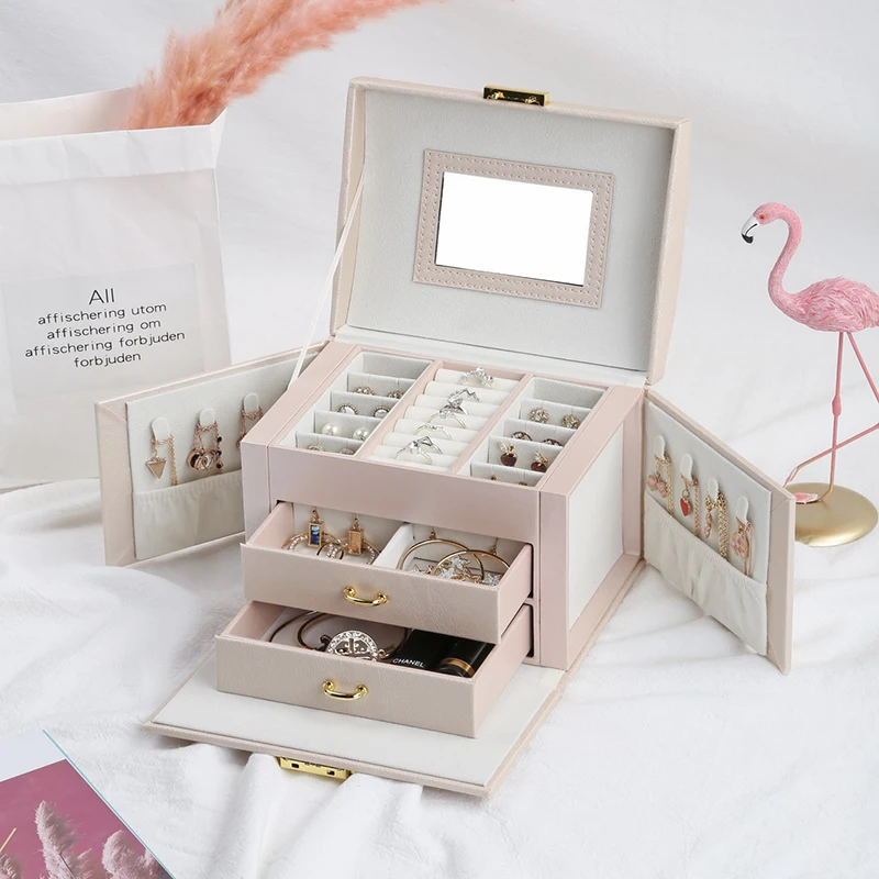 Cheap Guanya New Jewelry Box Large Capacity Leather Storage Jewelry Box Earring Ring Necklace with Mirror Watch Jewelry Organizer