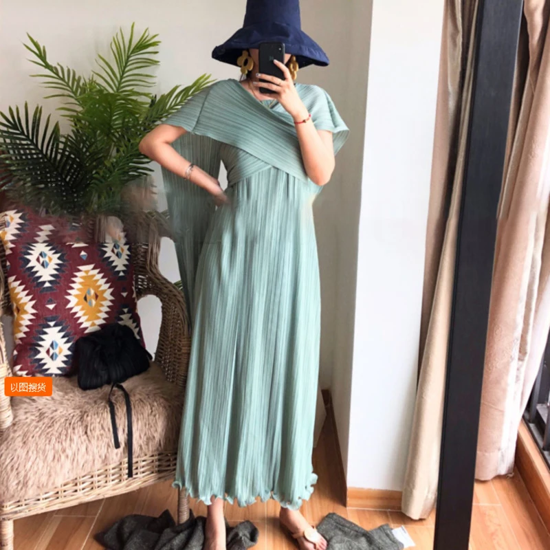 [DEAT] новое летнее Модное Элегантное Длинное плиссированное платье с коротким рукавом, однотонное платье AD082 - Цвет: green