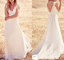 Ssxy Beach Boho Wedding Dress V Neck Sweep Train Chiffon Lace Spaghetti Strap Bridal Gown Country Vestido De Noiva