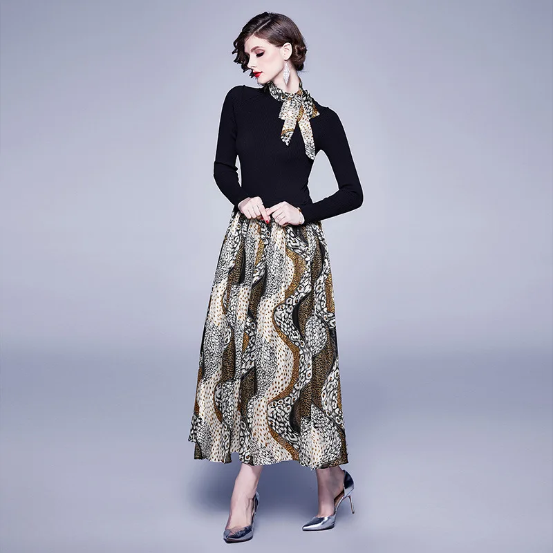 

Europe And America 2020 Spring New Style Crew Neck Sweater Joint Printed Lace-up Long Sleeve Mid-length Dress