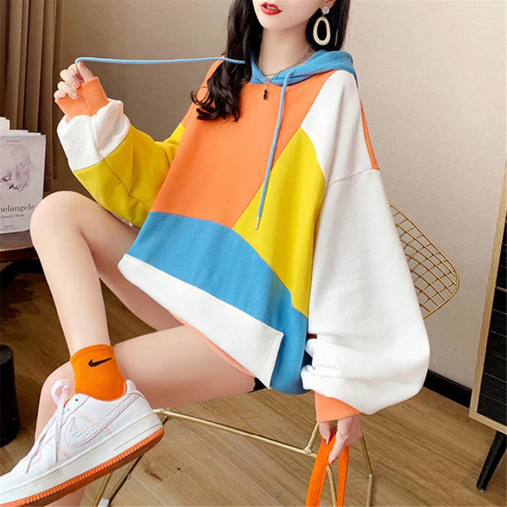 

Autumn Female Loog Patchwork Sweatshirt Hoodies Hip Hop Long Sleeve Sweatshirt Winter Oversized Kawaii Student Coats Streetwear
