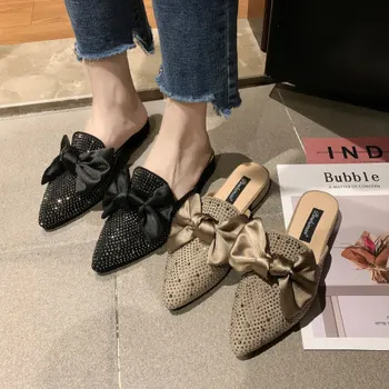

Slippers women wear thick heel pointed non-slip 2020 spring and summer new net red bow rhinestone mules shoes