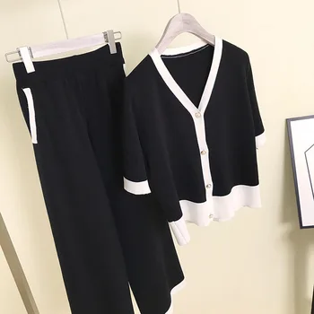 

Vintage Short Sleeve Cardigan Loose Pants Set Two Piece Suits Women V Neck Tops And Wide Leg Trousers Knit Outfits