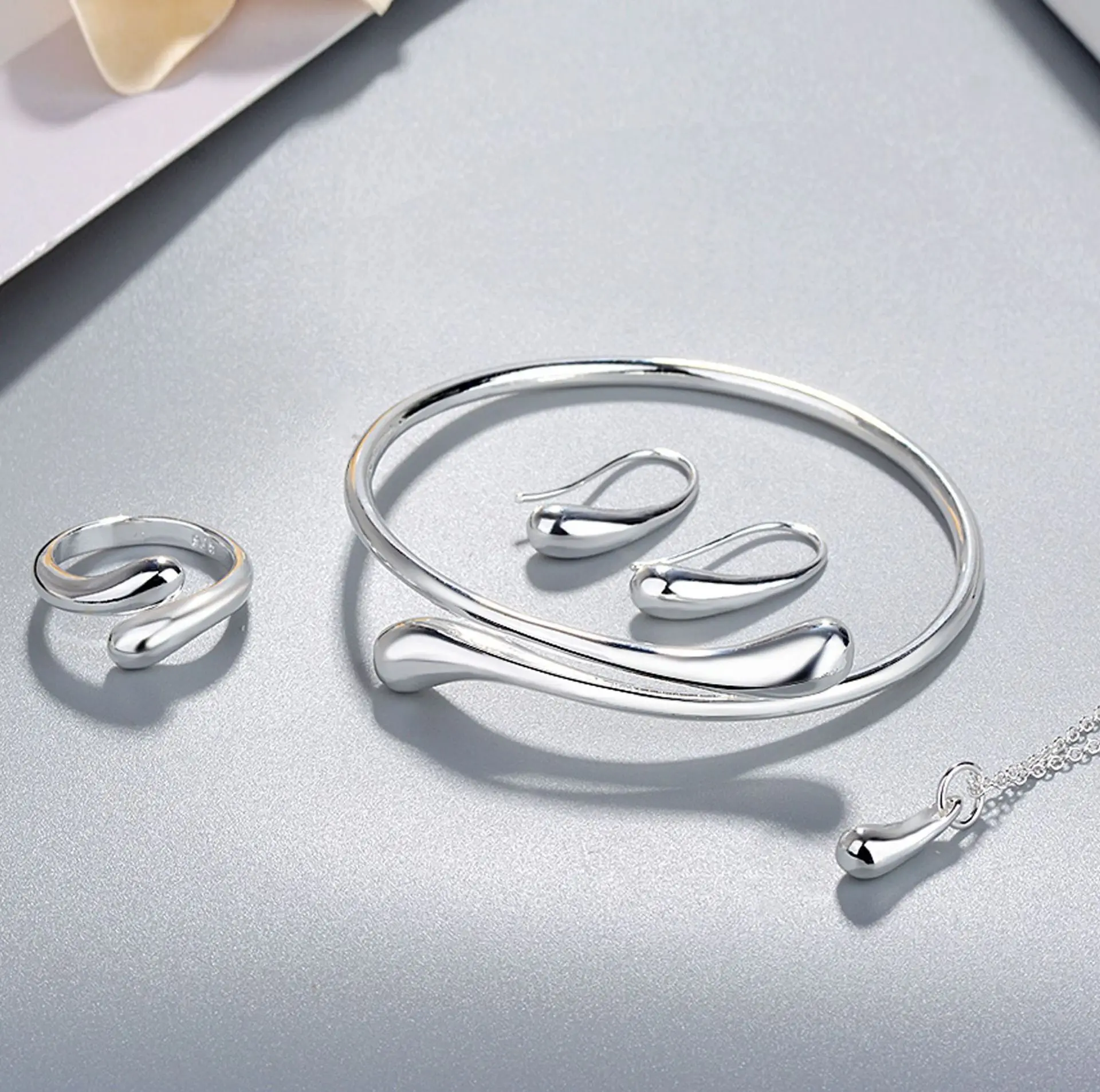 Fashion Wedding Bridal Jewelry Set 925 Sterling Silver Water Drop Earrings Necklace Bangles Ring Sets For Women Party Gifts