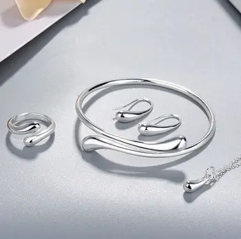 Fashion Wedding Bridal Jewelry Set 925 Sterling Silver Water Drop Earrings Necklace Bangles Ring Sets For Women Party Gifts