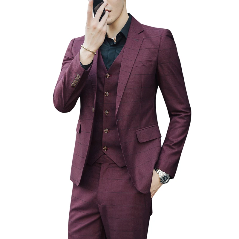

(front + Pants + Vest) Men's Three-piece Slim British Style Casual Korean Version Of The Grid Suit Groom Wedding Dress Tides-5xl